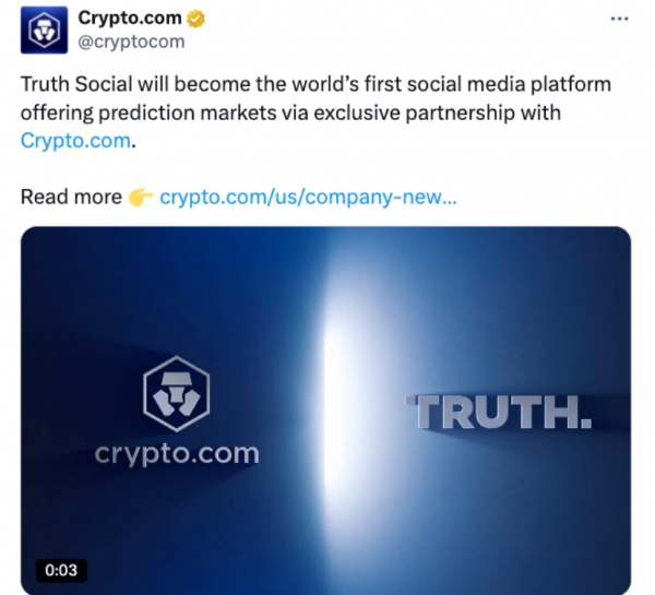 
                    Соцсеть Трампа Truth Social выходит на рынок прогнозов при участии Crypto.com                